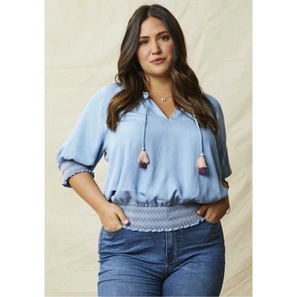 Matilda Jane Maysville Chambray Smocked Tassels Peasant Top S Gypsy Flirty